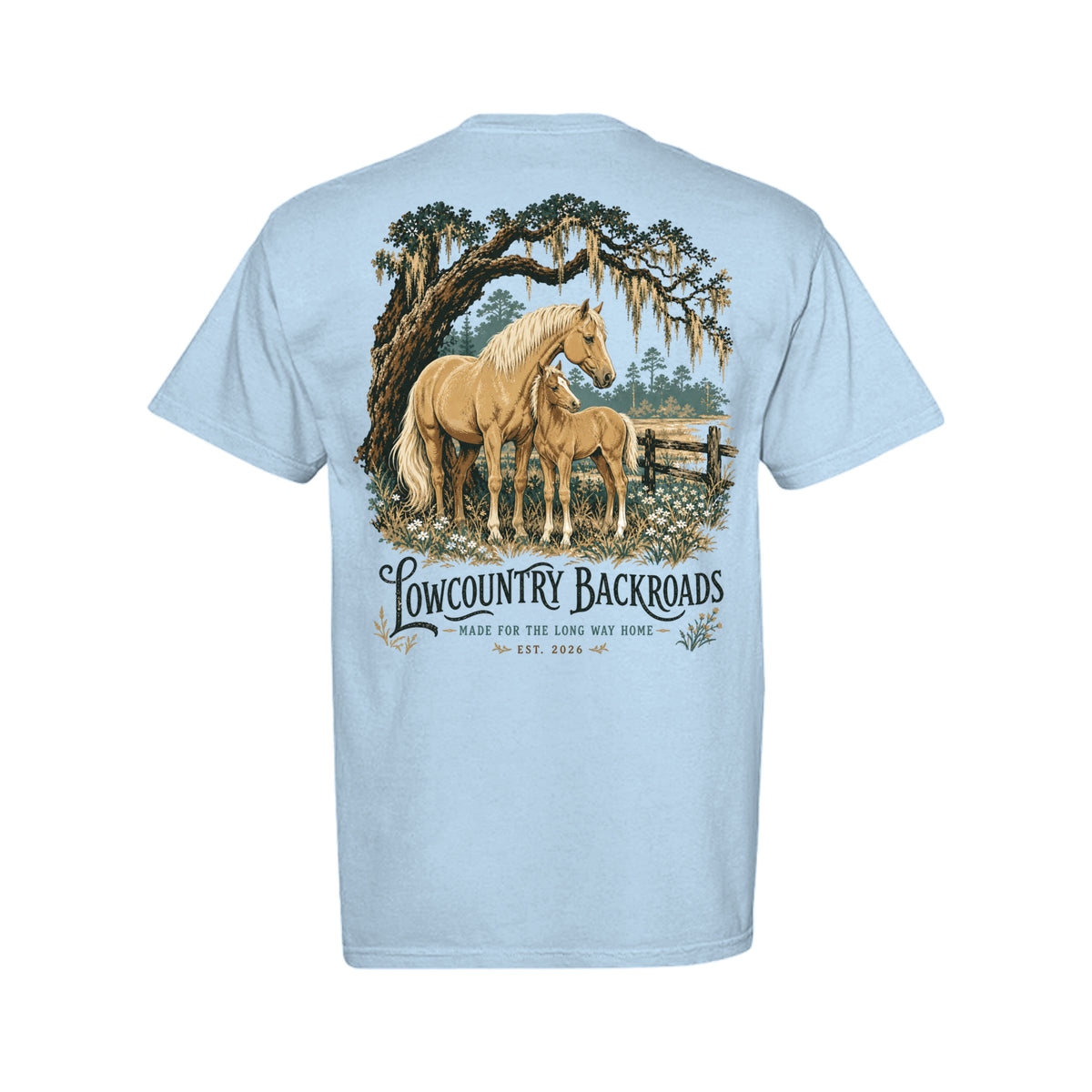 Vintage Lowcountry Backroads artwork featuring a golden mare and foal beneath a live oak with Spanish moss and wildflowers.