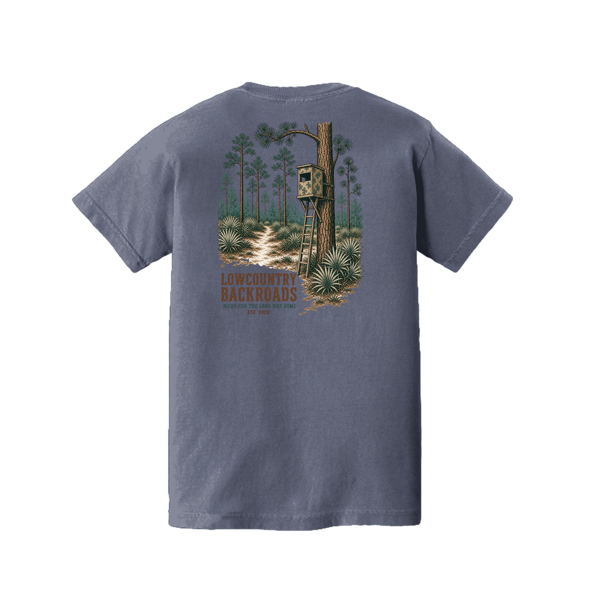 Pine Woods Watch Lowcountry Backroads youth T-shirt graphic featuring a camouflaged tree stand, pine forest, palmettos and woodland trail