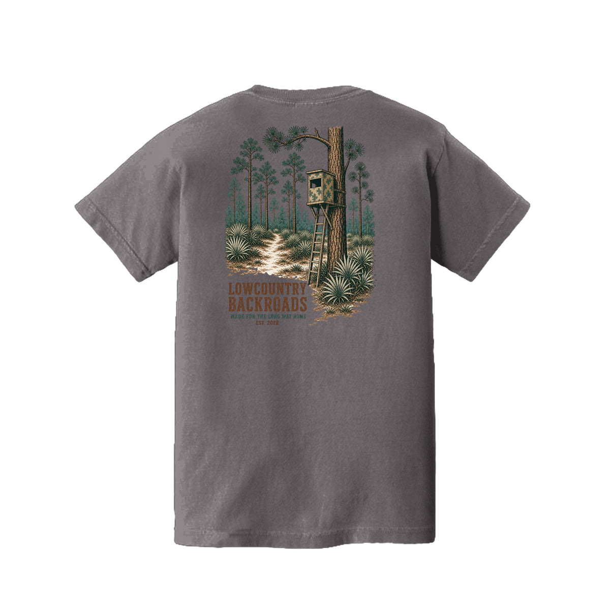 Pine Woods Watch Lowcountry Backroads youth T-shirt graphic featuring a camouflaged tree stand, pine forest, palmettos and woodland trail