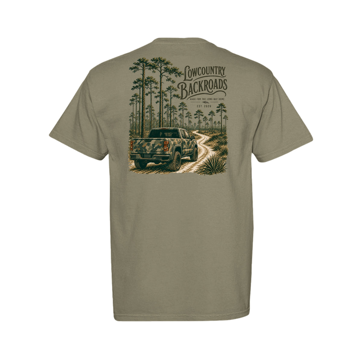 The Long Way Home Southern graphic featuring a camouflage pickup on a winding dirt road through a tall pine forest.