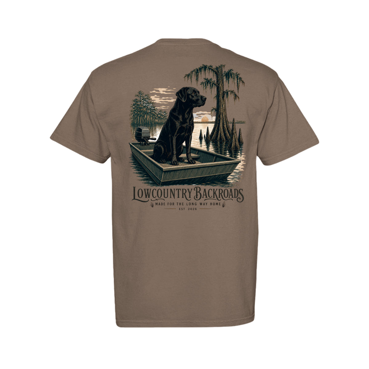 Steady at First Light graphic with a black Labrador sitting in a jon boat among moss-draped cypress trees at sunrise.
