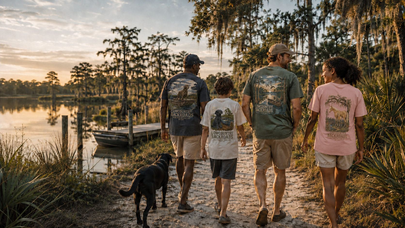 Friends and family wearing Lowcountry Backroads shirts beside a Lowcountry lake