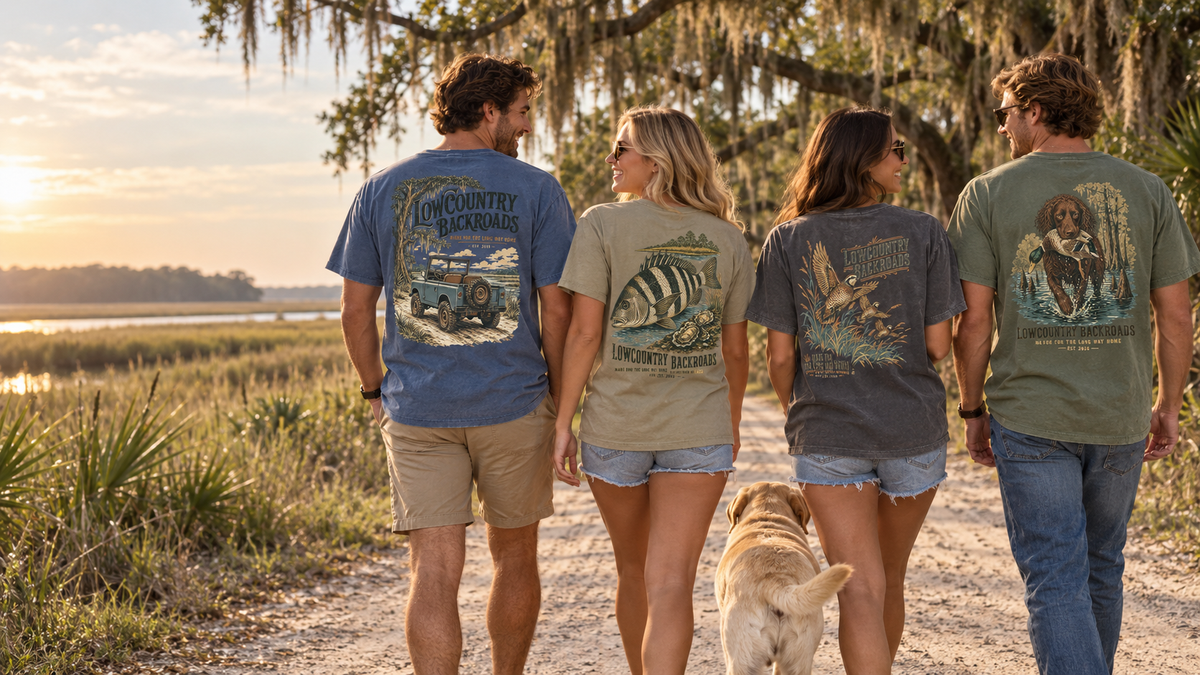 Friends and family wearing Lowcountry Backroads shirts beside a Lowcountry lake