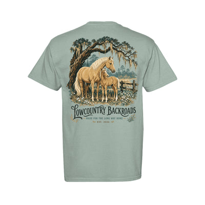 Vintage Lowcountry Backroads artwork featuring a golden mare and foal beneath a live oak with Spanish moss and wildflowers.