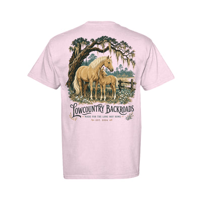 Vintage Lowcountry Backroads artwork featuring a golden mare and foal beneath a live oak with Spanish moss and wildflowers.