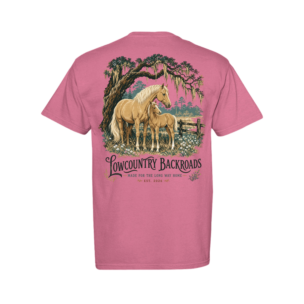 Vintage Lowcountry Backroads artwork featuring a golden mare and foal beneath a live oak with Spanish moss and wildflowers.