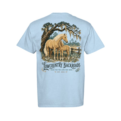 Vintage Lowcountry Backroads artwork featuring a golden mare and foal beneath a live oak with Spanish moss and wildflowers.