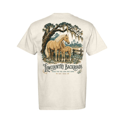 Vintage Lowcountry Backroads artwork featuring a golden mare and foal beneath a live oak with Spanish moss and wildflowers.