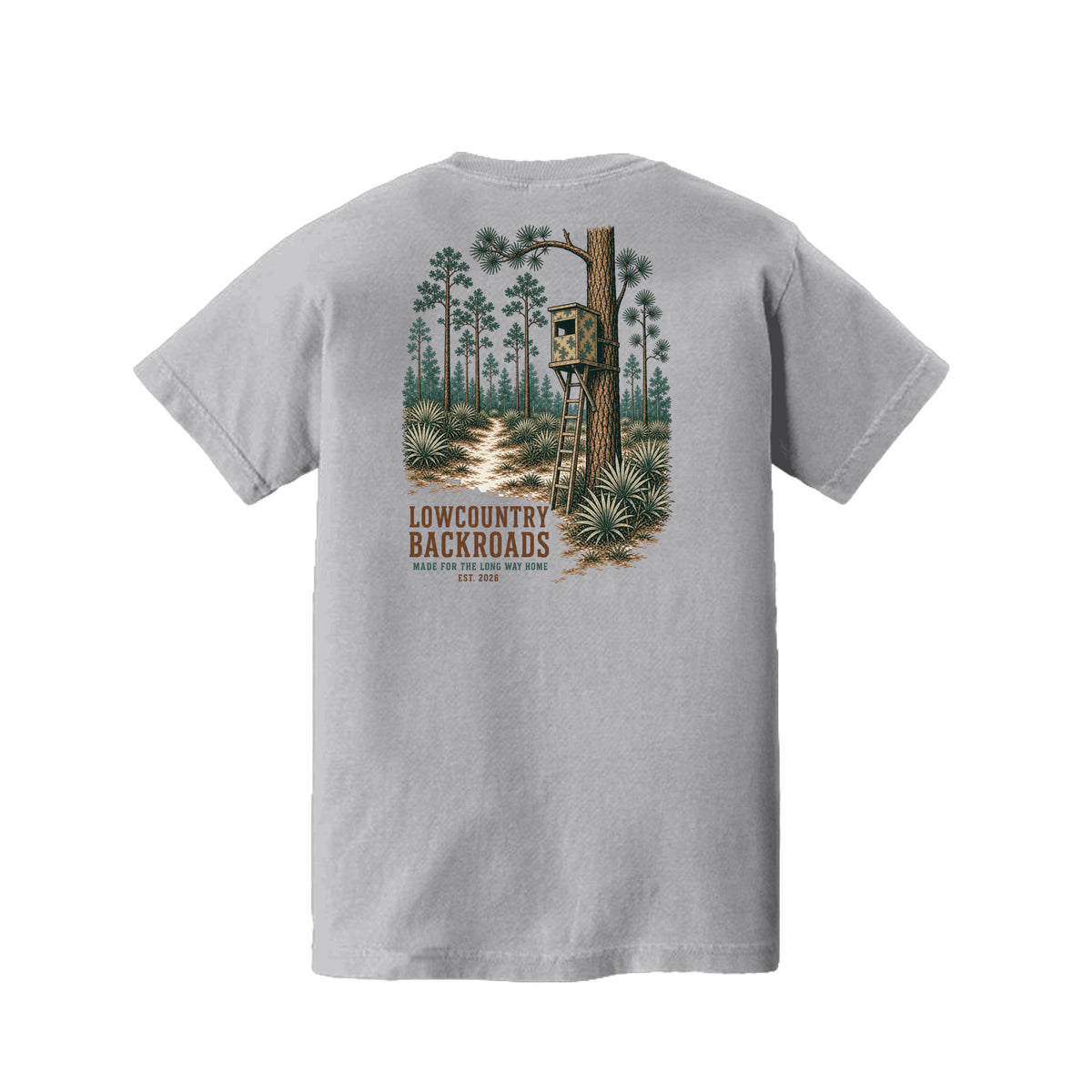 Pine Woods Watch Lowcountry Backroads youth T-shirt graphic featuring a camouflaged tree stand, pine forest, palmettos and woodland trail