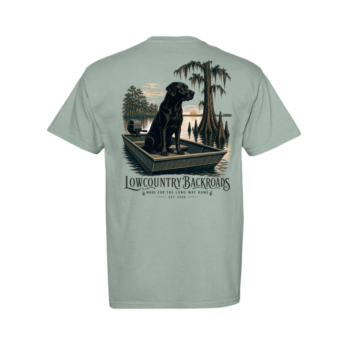 Steady at First Light graphic with a black Labrador sitting in a jon boat among moss-draped cypress trees at sunrise.