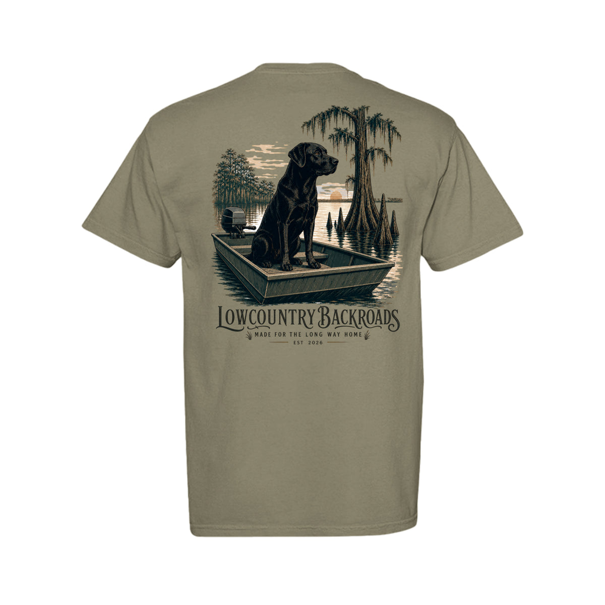 Steady at First Light graphic with a black Labrador sitting in a jon boat among moss-draped cypress trees at sunrise.